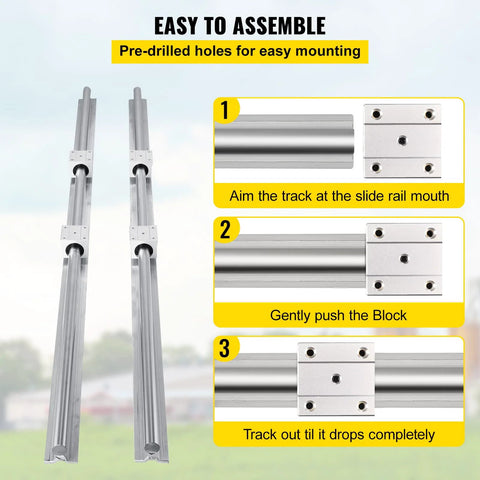 Easy assembly steps for heavy duty linear rail kit for CNC with pre-drilled holes and bearing block installation guide.