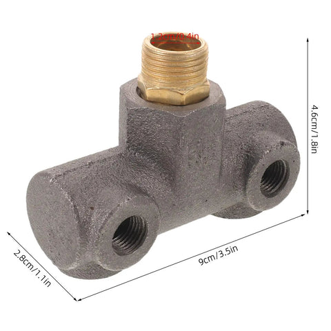 Four Way Pneumatic Air Compressor Manifold Mounting Bracket - Heavy Duty Cast Iron Construction, grey cross-style manifold with dimensions
