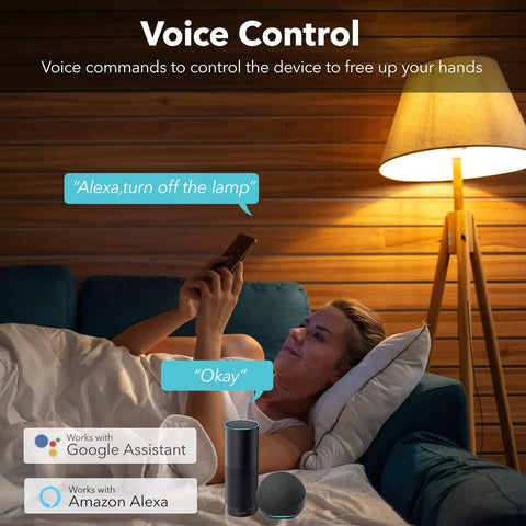 Woman using phone to control Smart Power Strip With 4 Individually Controlled Outlets And 4 USB Ports Including 20W USB C Fast Charging with Alexa