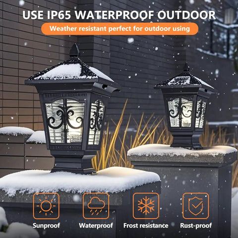 LED Solar Post Cap Light With Remote Dimmable Color Temps 3000K 4000K 6000K IP65 Waterproof Outdoor Pillar Lantern in snowy garden