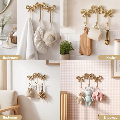 Heavy Duty Gold Bow Knot Wall Hooks Dope Brass Triple Coat Hanger Badass Metal Door Organizer Premium Weight Solid Built Storage Rig For Apartment Living Rooms in bathroom, kitchen, bedroom, entryway