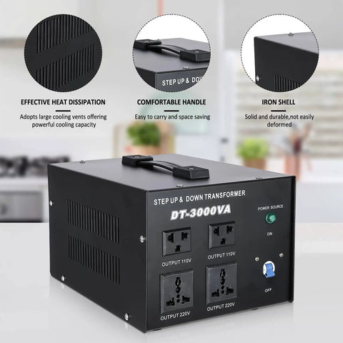 Rugged 3000VA Voltage Transformer Power Converter 110V To 220V AC Converter with iron shell and cooling vents