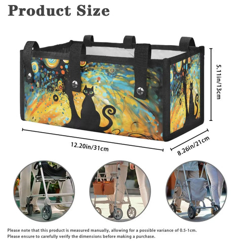 Black Cat Walker Seat Cover And Backrest Cover With Foldable Starry Night Storage Bag dimensions and usage examples.