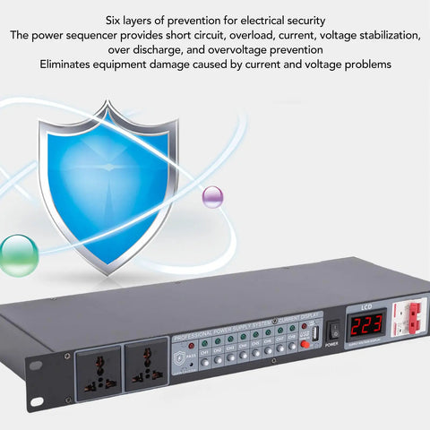 Keep Your Live Rig Bulletproof With This 10 Outlet Power Sequencer Surge Protector Featuring Digital Voltage Display And Hella Surge Defense For Smooth Amp Speaker Startup Shutdown On Stage Or In Studio US Plug, with digital voltmeter and protective shield.