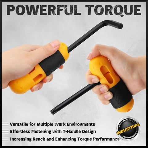Close-up of hands using 41 Piece Hex Key And Torx Wrench Set With Torque Handle. Includes SAE and Metric sizes 0.028-0.375 inches.