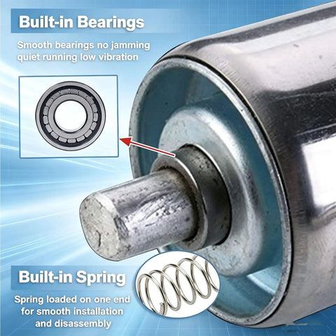 Heavy Duty Conveyor Roller 1.5 Inch Diameter, 18 Inch Length, Galvanized End Silver, Replacement Part for Roller Conveyor Systems, Supports 15 to 100 kg, Low Noise, 201 Stainless Steel Rollers for Garages, Warehouses, Docks, built-in bearing detail