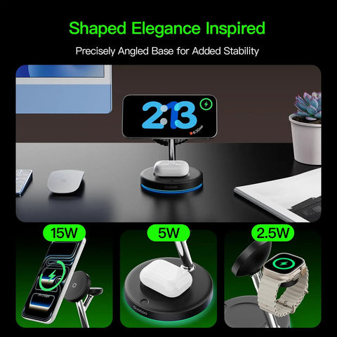 3 In 1 Wireless Charging Dock For iPhone AirPods And Apple Watch With MagSafe Stand Fast Charge Mess Free Desk Setup Works With iPhone 17 Through 12 Magnetic Charger Station For Home Or Office, showing charging dock with devices.