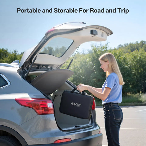 Woman placing Level 1 And Level 2 J1772 EV Charger With 25 Foot Extension Cord Portable 240V in car trunk