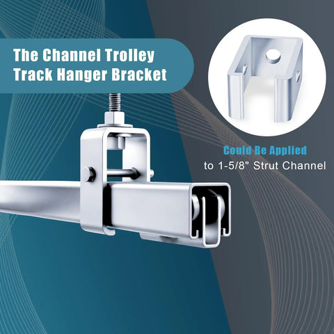 Heavy Duty Channel Trolley Track Hanger Brackets For Unistrut Strut System With 3/8 Inch Bolts And 1200 Lb Load Rating Four Pack on 1-5/8 inch steel channel.