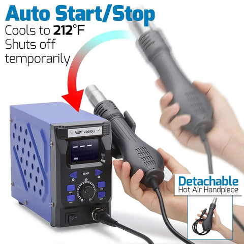 Pro Grade Hot Air Rework Station With Detachable Soldering Gun, 4 Preset Channels, Digital LED Display, held in hands.