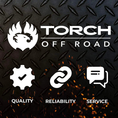 Torch Off Road branding with icons for quality, reliability, service on a diamond plate background, logo with flame eagle.
