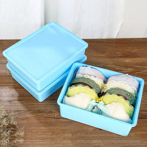 3 Piece Blue Plastic Underwear Storage Set Featuring 10 And 15 Cell Vertical Drawers Perfect For Socks Scarves And Delicates Lightweight Closet Tower with organized bras.