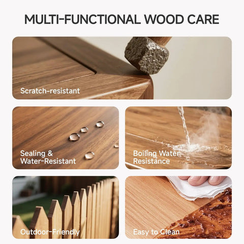 Multi-functional wood care showing scratch-resistant surface, water resistance, outdoor friendly, and easy cleaning.