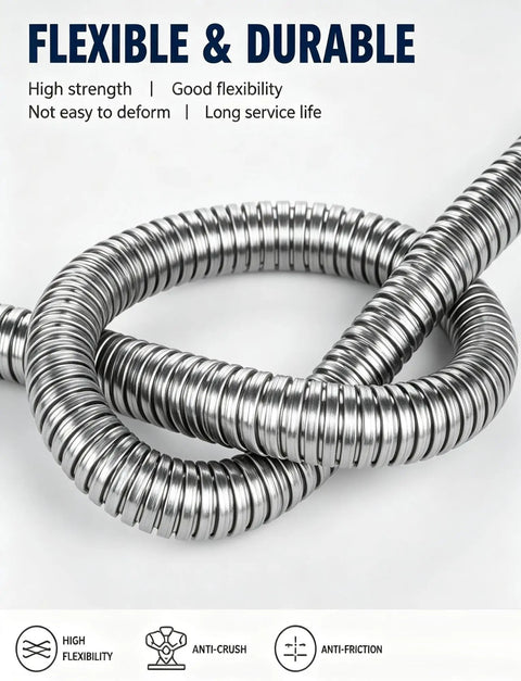 Tough As Nails 304 Stainless Steel Flexible Metal Conduit with Kickass Corrugated Cable Protection Sleeve, showcasing flexibility and durability.