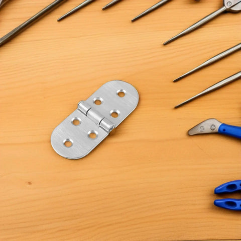 Bi Fold Stainless Steel Tray Hinges 4 Pack For Folding Tables And Desks Round Edge Furniture Hardware on wooden surface