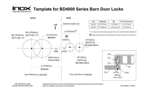 Template diagram for BD4000 Series barn door locks.