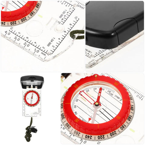 Orienteering Hiking Compass With Ruler And Mirror, Luminous Pocket Compass for outdoor navigation and survival, close-up details.