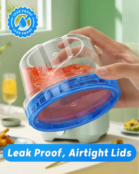 Hand holding Six Pack 17 Oz Freezer Storage Containers With Twist Top Lids BPA Free Reusable Plastic Food Storage