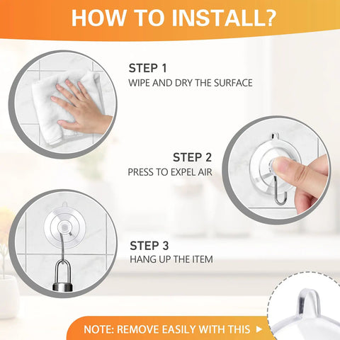 Rock Solid Invisible Suction Cup Hooks Twelve Pack Clear Reusable Removable Stainless Steel Design installation steps on tile.