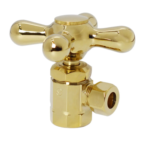 Cross Handle Compression Angle Stop Kit With Corrugated Riser Supply Line One Half Inch IPS Inlet To Three Eighth Inch OD Outlet Polished Brass