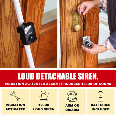 Tough As Nails Door Security Bar With Blaring 120Db Siren And Portable Adjustable Jammer Bracket showing loud detachable siren and adjustment features.