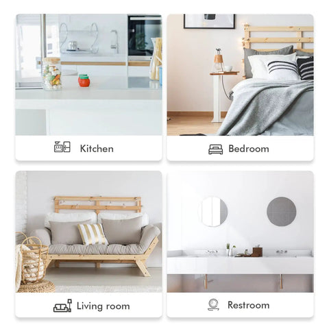 Collage of kitchen, bedroom, living room, and restroom interiors showing decor styles.