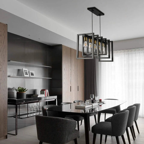 Six Light Kitchen Island Pendant Chandelier In Industrial Style Matte Black With Antique Brass Finish in modern dining room