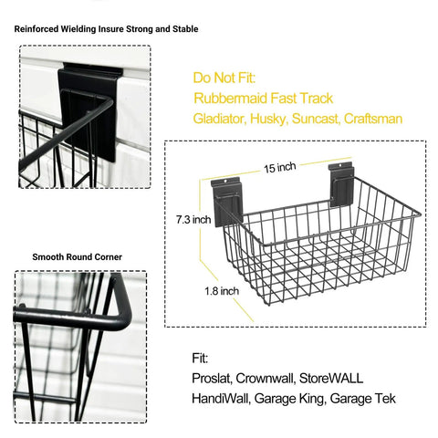 Heavy Duty Slatwall Baskets For Garage And Workshop 15 Inch Large Wire Storage Bins Rugged Slatwall Organizers Wall Mounted Bins 2 Pack Holds Up To 66 Pounds Anti Slip Rubberized Wire Tough As Nails, showing dimensions and compatibility