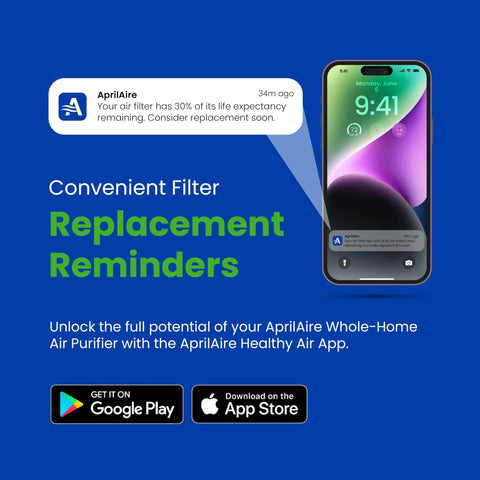 Notification screen for air filter replacement reminder via AprilAire app on smartphone, enhancing filter performance.