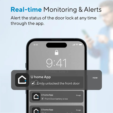 Smartphone displaying alerts of Keyless Front Door Smart Lock With WiFi Bridge 5 In 1 Entry, remote unlock via app message.