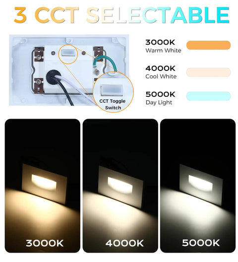 Dimmable 3 Color LED Indoor Outdoor Step Lights 3000K 4000K 5000K 3W 100lm Downward Lighting for Stairs White Finish switch and colors
