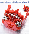 Internal view of Red Emergency Stop Button Switch showing copper pieces and silver dots, 1NO 1NC, for industrial machinery safety reset.