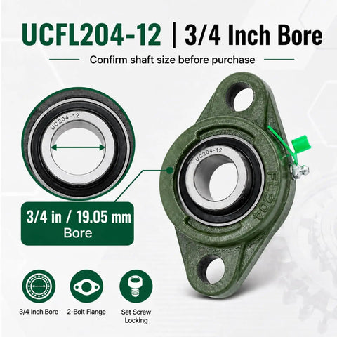 Two Pack Pillow Block Flange Bearing UCFL204 12 Three Quarter Inch Bore Chrome Steel Insert in Cast Iron Housing overview