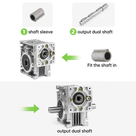 Dual Output Shaft for NMRV40 Worm Gearbox showing assembly of shaft sleeve and dual output shaft.