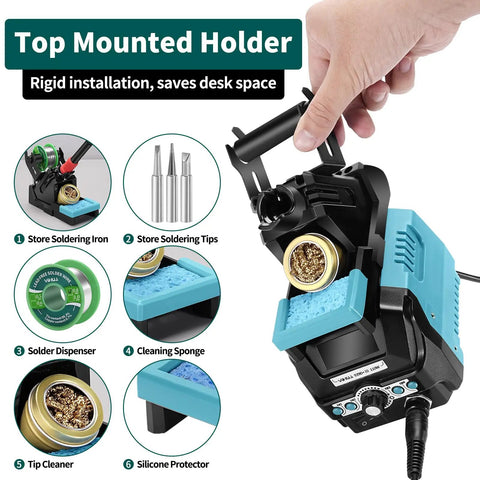 Close-up of Pro Grade 110W Digital Soldering Station Kit with top mounted holder and various components displayed.