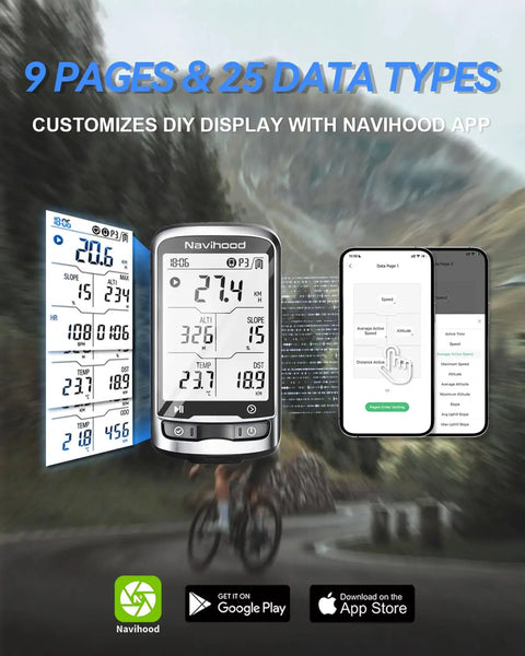 Ultra Thin GPS Bike Computer With 2.3 Inch Laminated Screen Wireless IPX7 Waterproof Bluetooth ANT Plus Cycling Computer Lightweight 45g Entry Level Gear That Outsmarts Your Old Speedometer Dope Cycling Tech displaying ride data and app customization options on a scenic background.