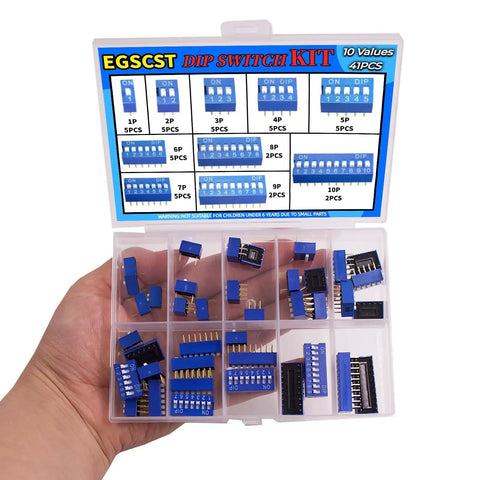 Open box of Dip Switch Assortment Kit 41 Pieces With 10 Values Blue Double Row Dip Switches 1 To 10 Position 2.54mm Pitch
