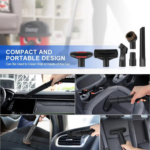 Collage of 13-piece universal vacuum attachment kit in use for car interior cleaning, showing flexible crevice tool and brushes.