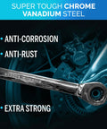Close-up of chrome vanadium ratcheting wrench with anti-corrosion and anti-rust features, showcasing extra strength and durability.