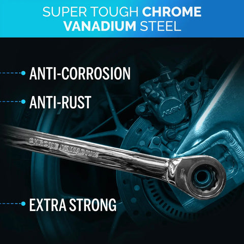 Close-up of chrome vanadium ratcheting wrench with anti-corrosion and anti-rust features, showcasing extra strength and durability.