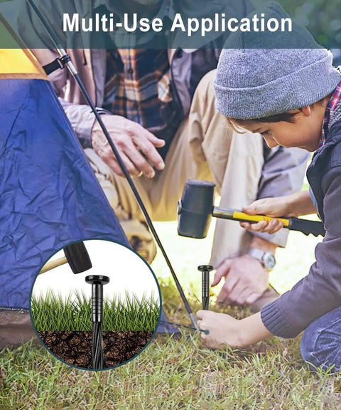 Child using hammer to install 50 Count 8-Inch Plastic Landscape Edging Spikes Spiral Stakes For Paver Edging Artificial Turf Weed Barrier