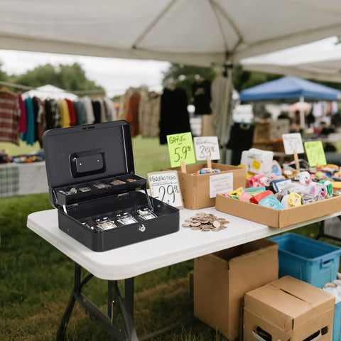Large Cash Box With Money Tray And Lock For Cash Handling And Small Biz Hustle on table at market stall, open showing money tray
