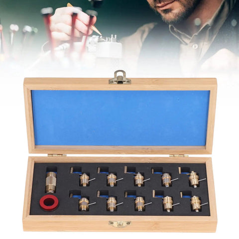 Winder Set For Watch Repair Pros, Brass Wristwatch Repair Kit displayed in an open wooden storage box