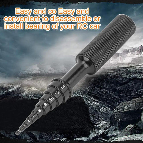 Badass RC Bearing Removal Tool 2 To 14 Millimeter Aluminum Alloy Steering Hub Carrier Disassembly Kit Non Slip Grip Extractor For Remote Control Cars Black close-up showing adjustable size markings.