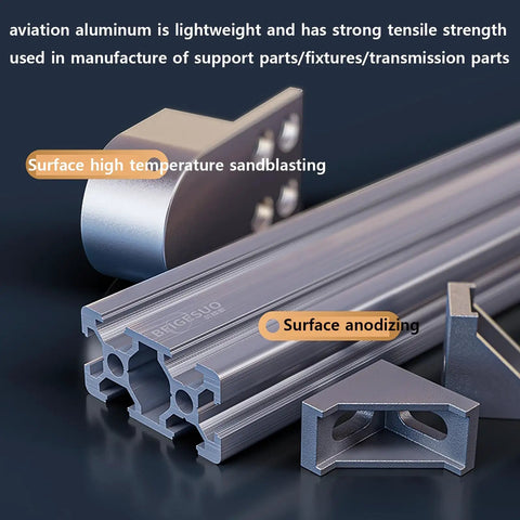 Aviation aluminum components for support parts with smooth surfaces, highlighting high temperature sandblasting and anodizing for durability.