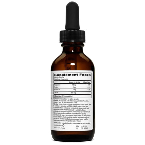 Back view of Liquid Lithium Drops For Brain Health With Magnesium Sodium And Potassium Electrolyte Blend, 60 mL bottle with label details