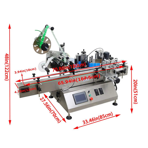 Bulletproof Stainless Steel Desktop Auto Labeling Machine Slick Top And Side Applicator with dimensions and controls visible.