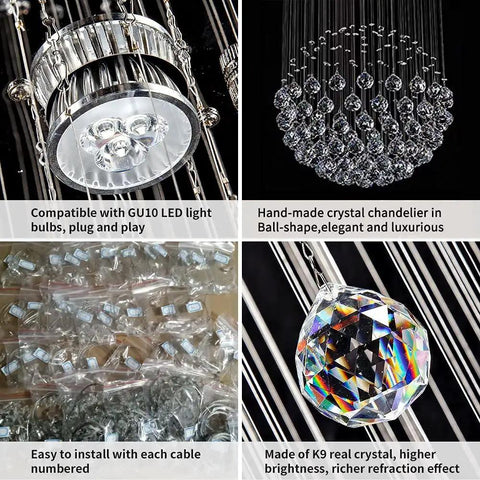 Six Light Crystal Chandelier Flush Mount Raindrop Ceiling Light With Large Ball Shape Design and K9 crystals details