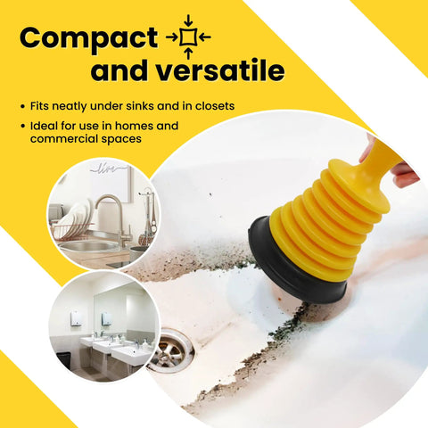 Kick Stubborn Clogs Straight Down The Drain With This Solid Mini Sink Plunger For Kitchen Bathroom Or Shower Drains ergonomic yellow rubber cup in action.