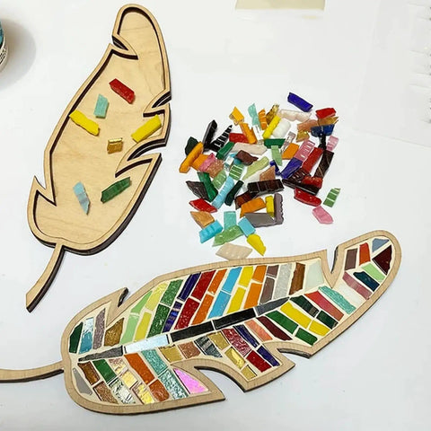 DIY Mosaic Kit For Adults With Feather Bird Cat And Heart Designs with colorful tiles and feather baseboard